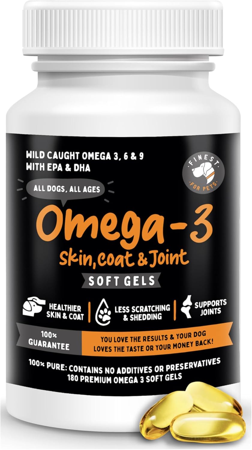 Organic Omega 3 Fish Oil Soft Gels for Dogs - Skin, Coat & Joint Supplement - Joint Health, Anti-Shedding & Itch Relief - Medium to Large Dogs