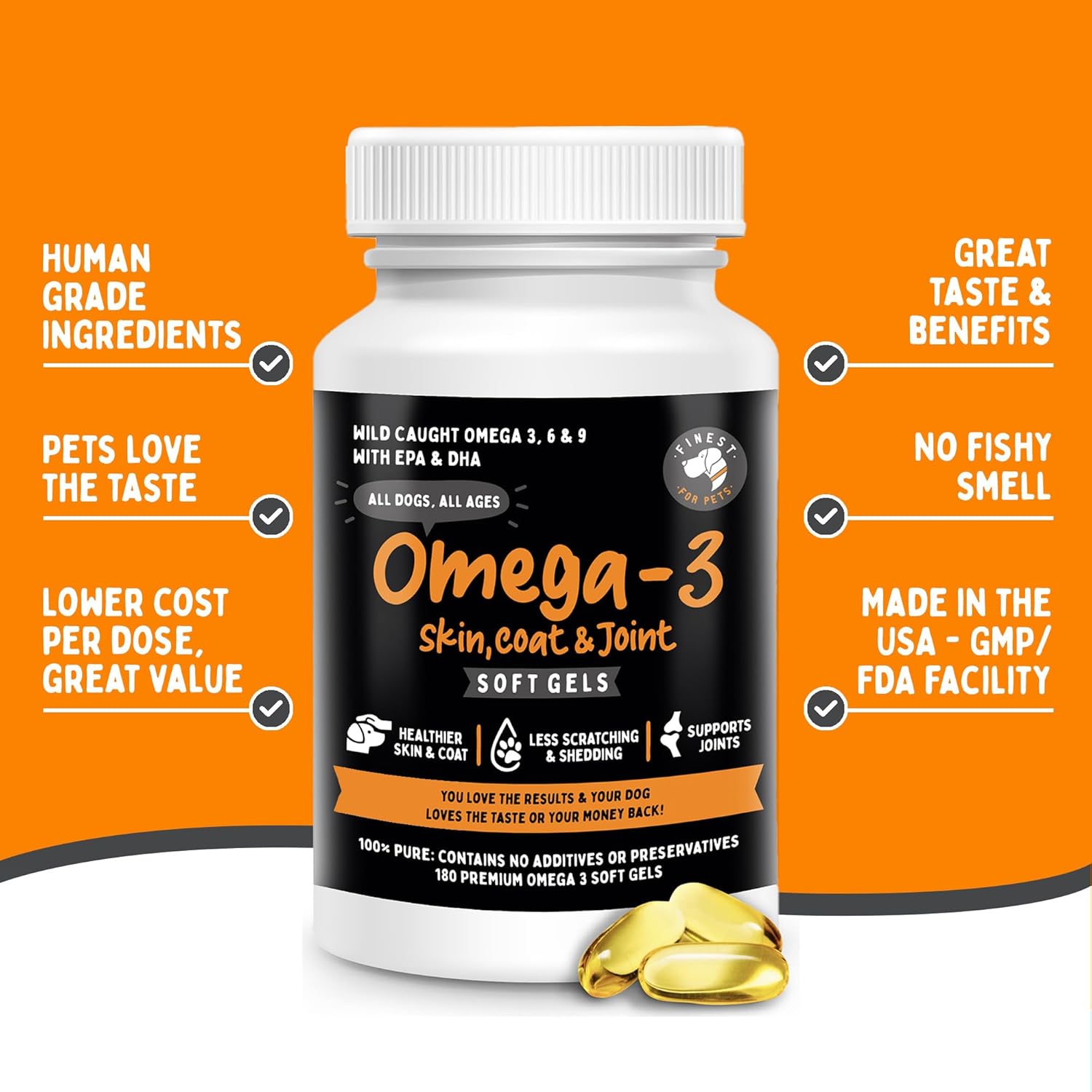 Organic Omega 3 Fish Oil Soft Gels for Dogs - Skin, Coat & Joint Supplement - Joint Health, Anti-Shedding & Itch Relief - Medium to Large Dogs