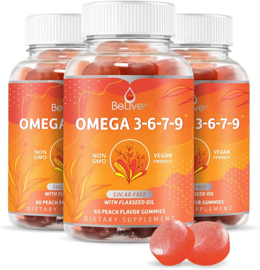 Organic Omega 3 Gummies with DHA & EPA for Full Body, Brain & Eye Support - Vegan, Sugar Free Peach Flavor - 3-Pack