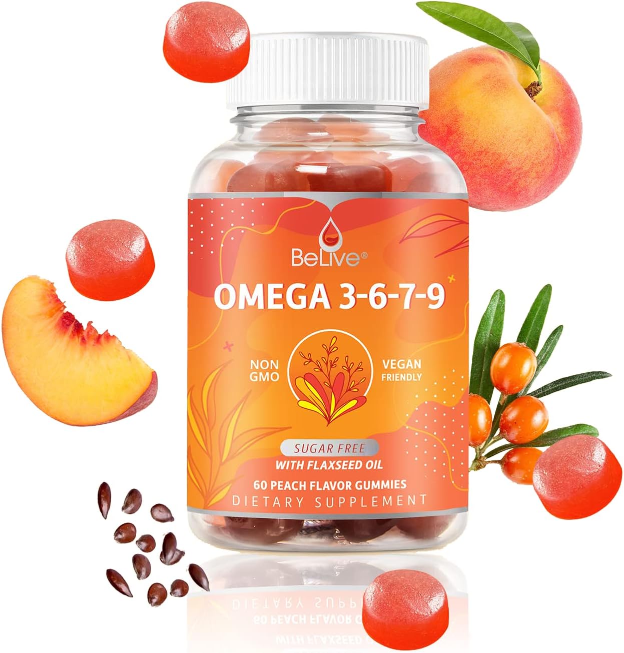 Organic Omega 3 Gummies with DHA & EPA for Full Body, Brain & Eye Support - Vegan, Sugar Free Peach Flavor - 3-Pack
