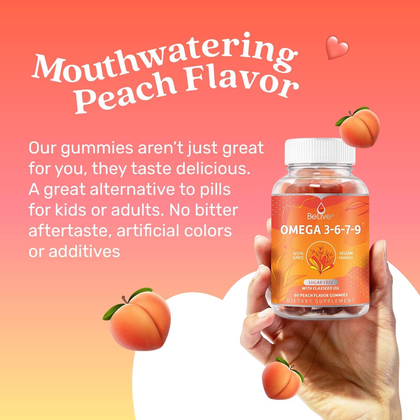Organic Omega 3 Gummies with DHA & EPA for Full Body, Brain & Eye Support - Vegan, Sugar Free Peach Flavor - 3-Pack