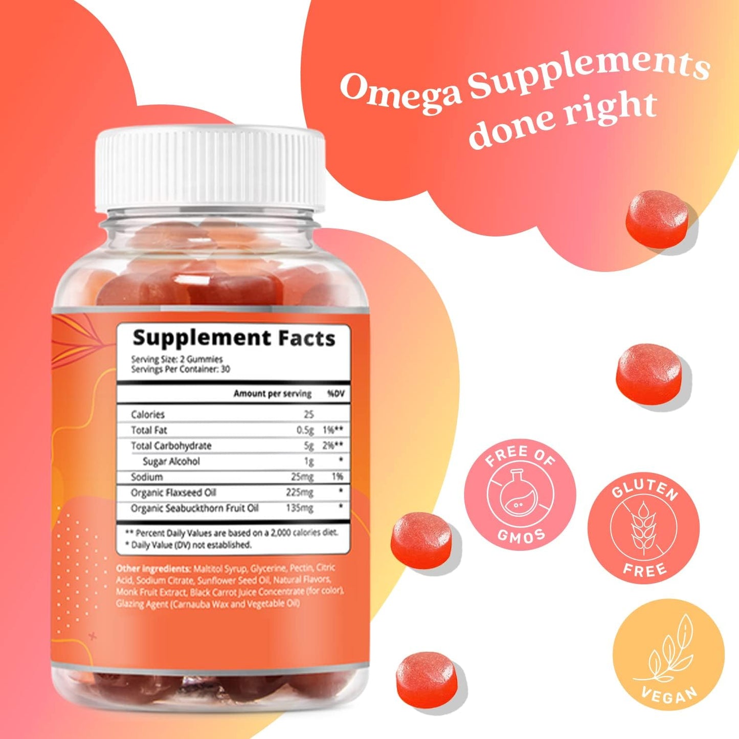 Organic Omega 3 Gummies with DHA & EPA for Full Body, Brain & Eye Support - Vegan, Sugar Free Peach Flavor - 3-Pack