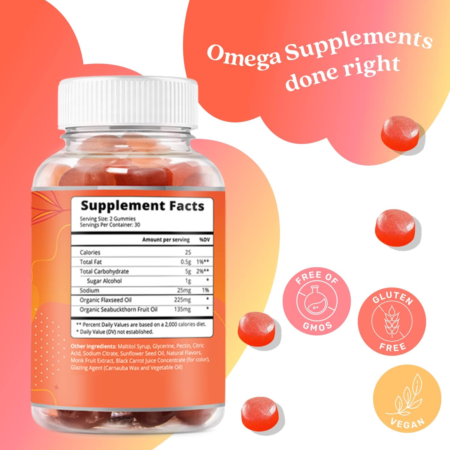 Organic Omega 3 Gummies with DHA & EPA for Full Body, Brain & Eye Support - Vegan, Sugar Free Peach Flavor - 3-Pack