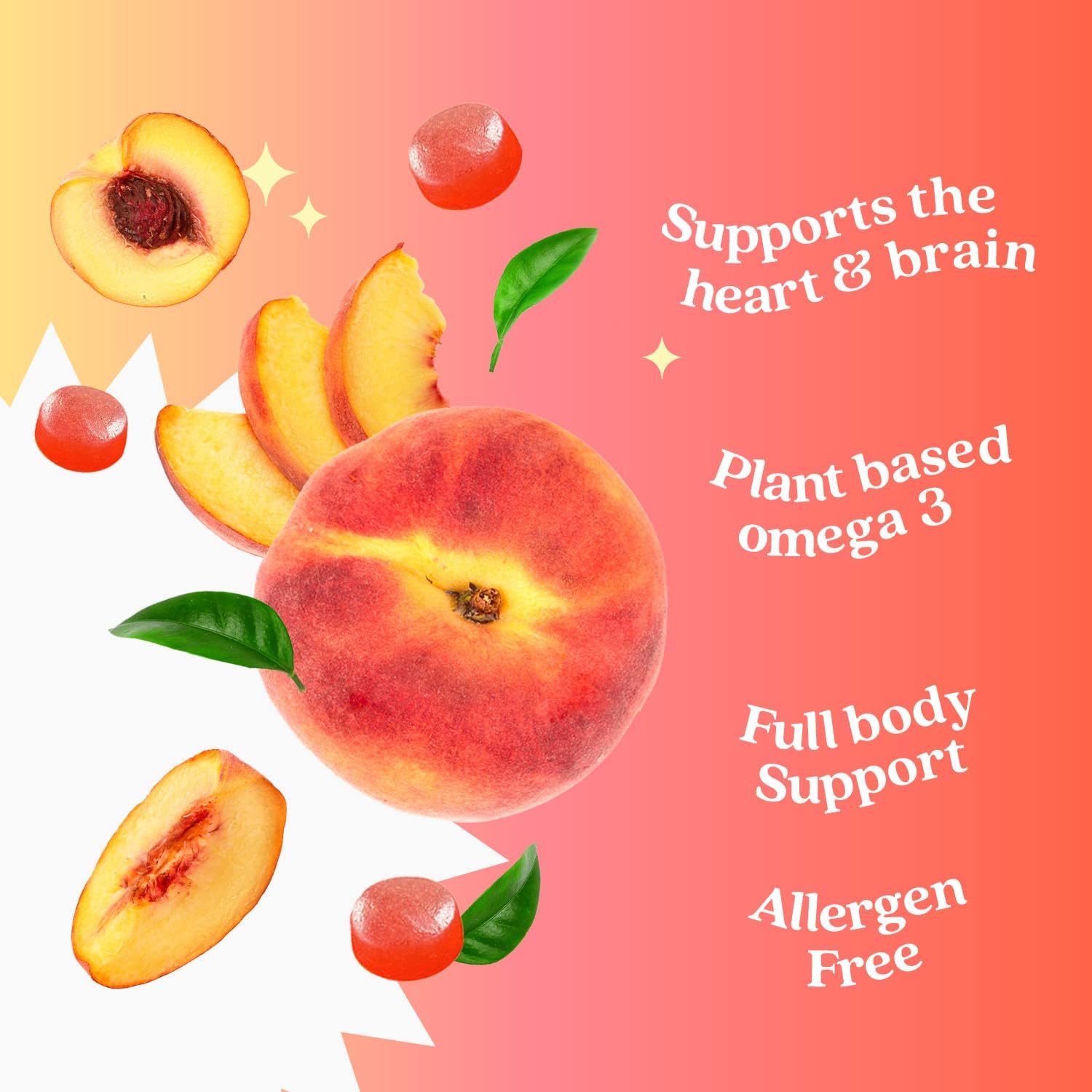 Organic Omega 3 Gummies with DHA & EPA for Full Body, Brain & Eye Support - Vegan, Sugar Free Peach Flavor - 3-Pack