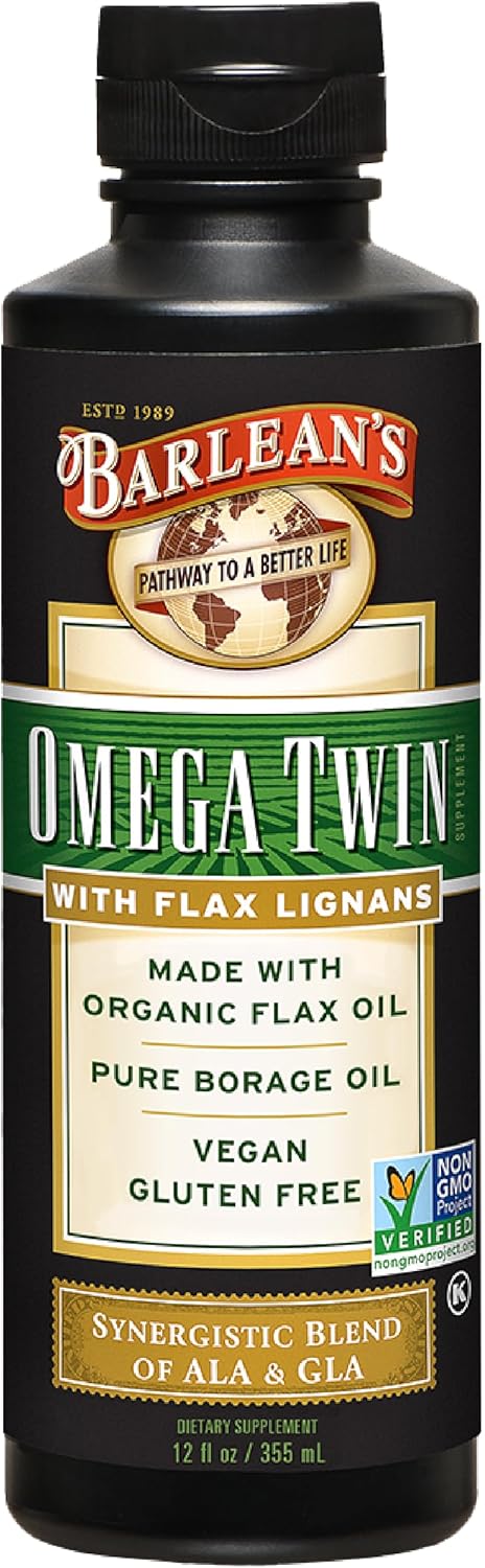 Organic Omega Twin Liquid Flaxseed and Borage Oil Supplement with ALA and GLA Fatty Acids, 12 oz