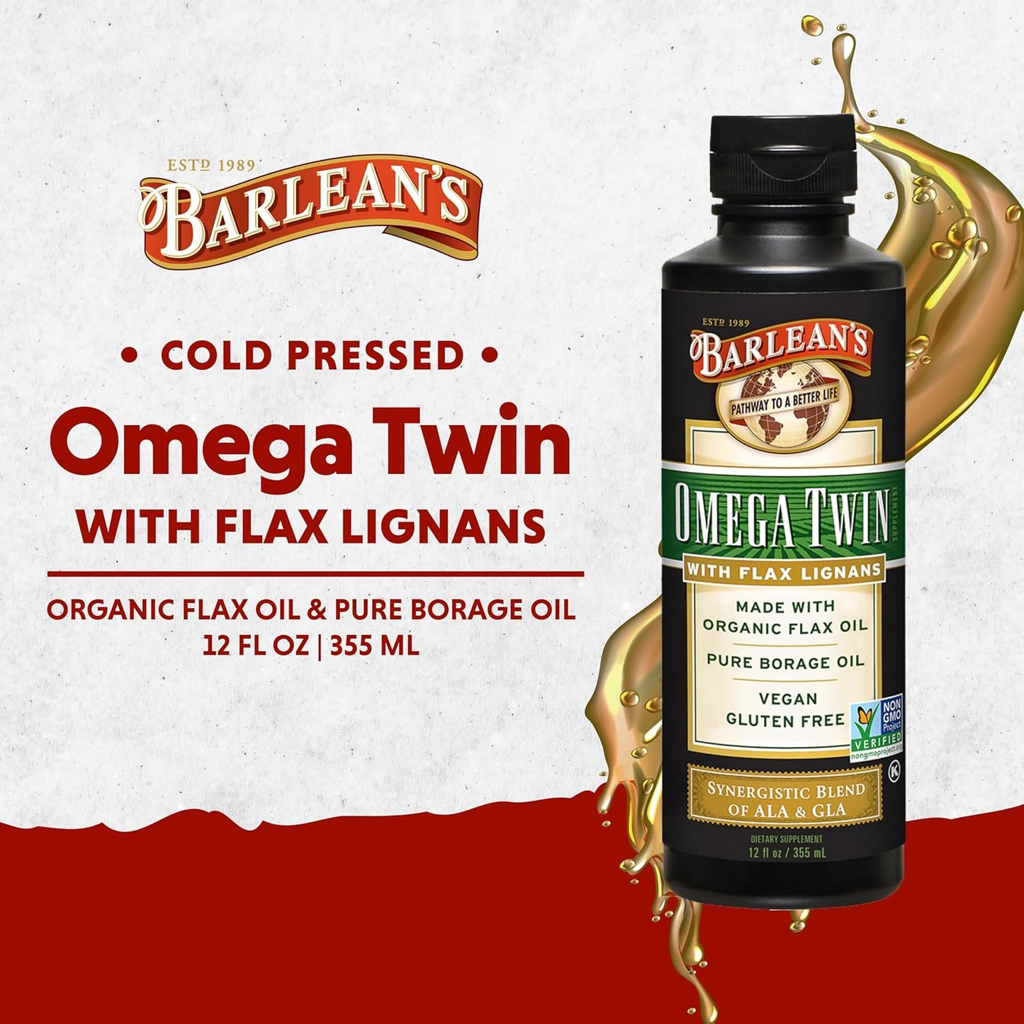 Organic Omega Twin Liquid Flaxseed and Borage Oil Supplement with ALA and GLA Fatty Acids, 12 oz