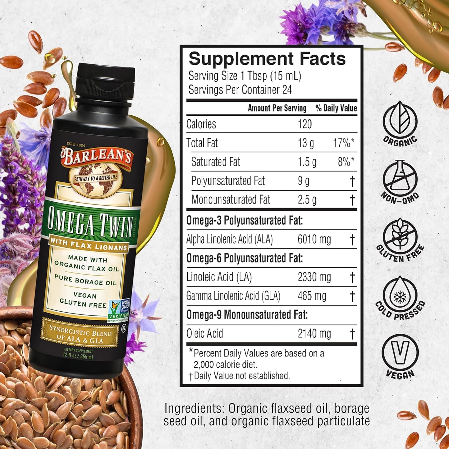 Organic Omega Twin Liquid Flaxseed and Borage Oil Supplement with ALA and GLA Fatty Acids, 12 oz