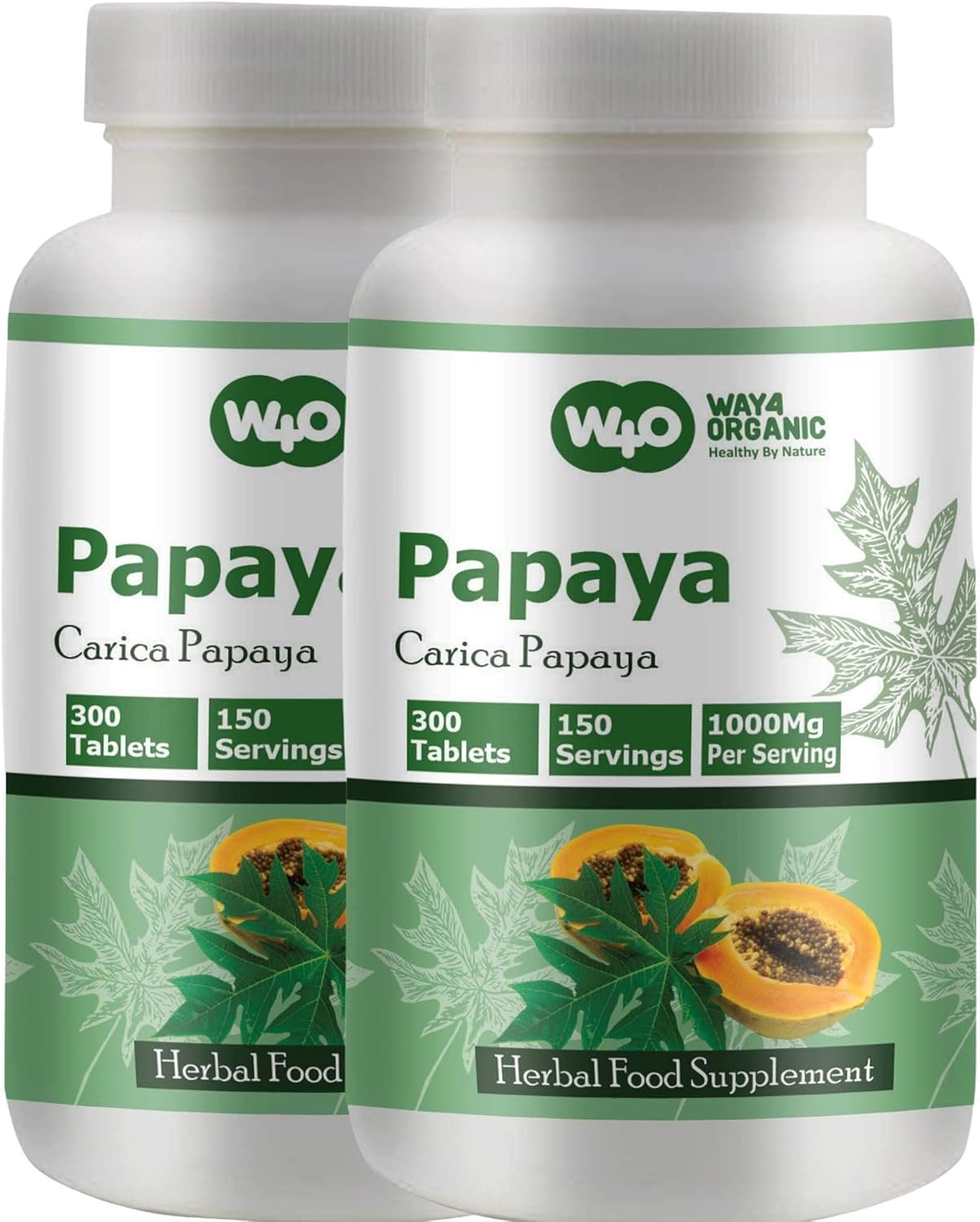 Organic Papaya Leaf Extract Capsules - 300 Pills, 150 Servings, 1000mg - Boosts Platelet Immunity & Digestion - Pack of 2