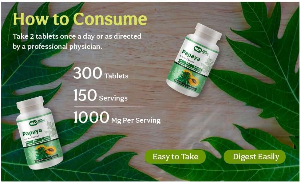 Organic Papaya Leaf Extract Capsules - 300 Pills, 150 Servings, 1000mg - Boosts Platelet Immunity & Digestion - Pack of 2