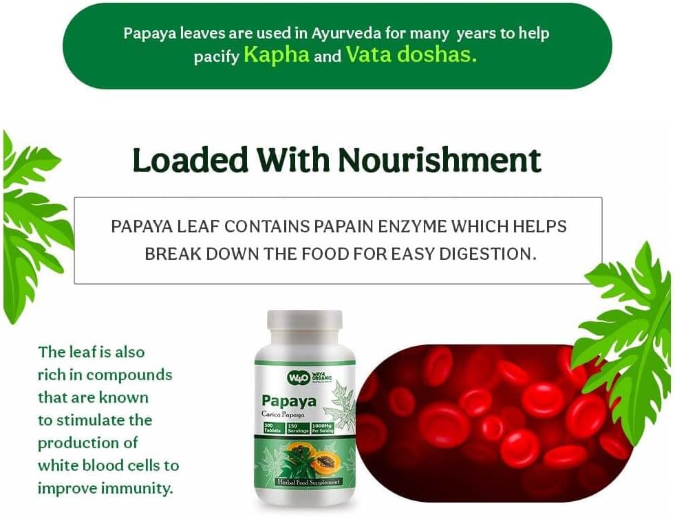Organic Papaya Leaf Extract Capsules - 300 Pills, 150 Servings, 1000mg - Boosts Platelet Immunity & Digestion - Pack of 2