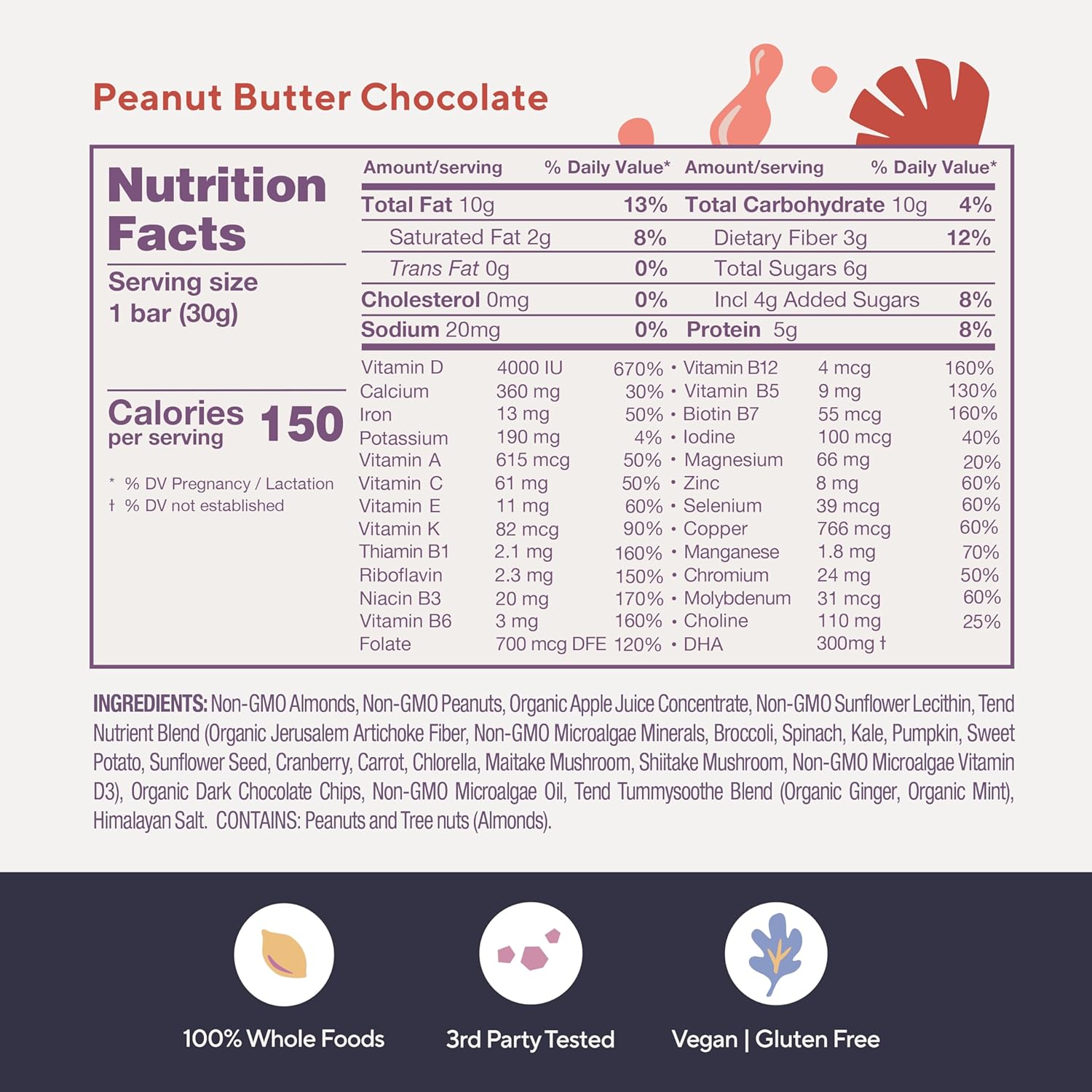 Organic Peanut Butter Chocolate Prenatal Vitamin Bar with DHA, Vitamin D, Folate for Pregnant & Postpartum Women - 4 Pack