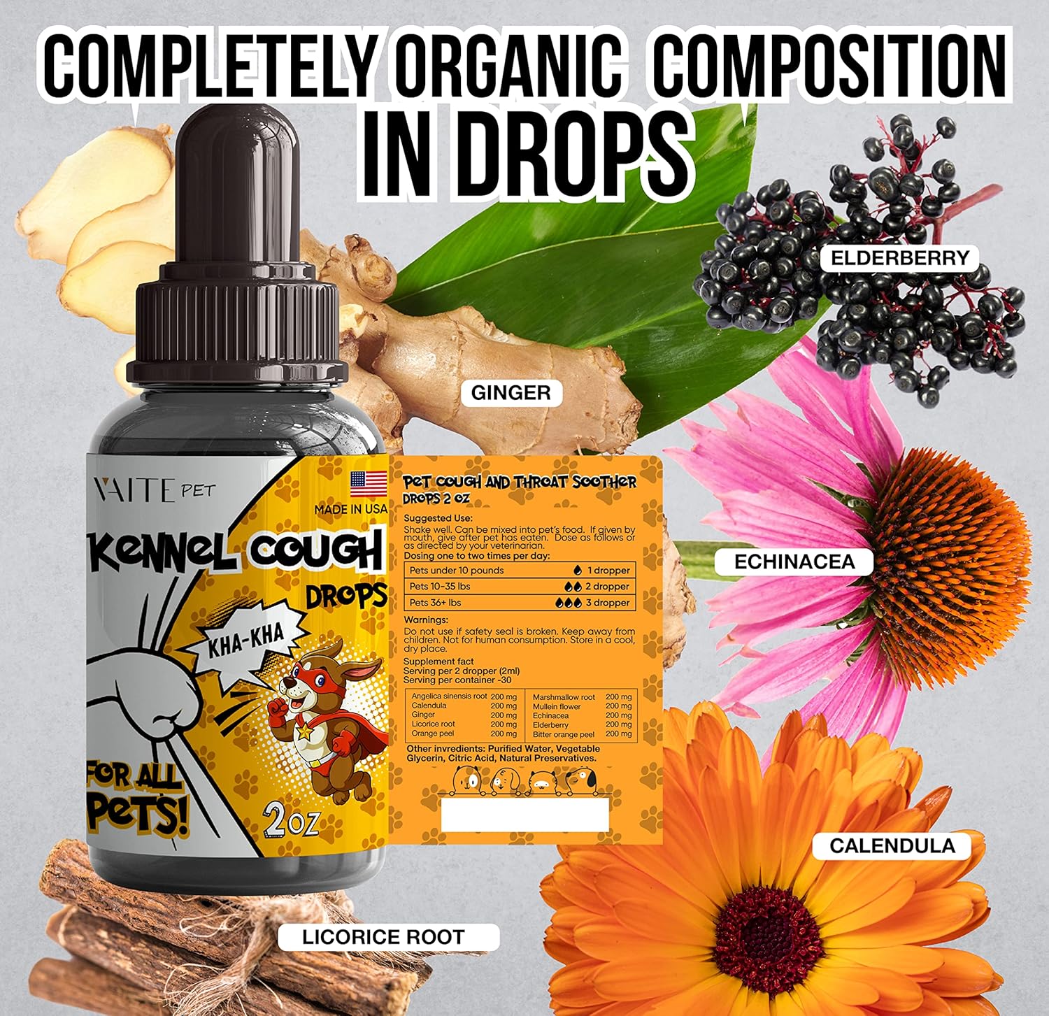 Organic Pet Cough and Throat Soother Drops 2 oz - Herbal Blend for Cats and Dogs - Natural Ingredients with Ginger - Easy to Administer