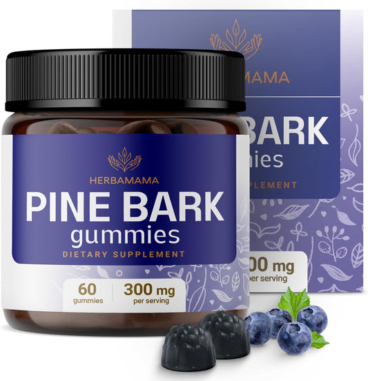 Organic Pine Bark Extract Gummies - 300mg French Maritime Pine Bark for Antioxidant Boost - Vegan, Non-GMO Supplement - 60 Blueberry-Flavored Chews