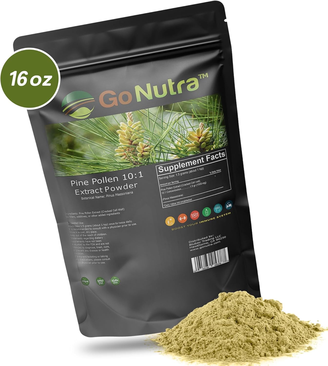 Organic Pine Pollen Powder - Pure 10:1 Extract from Masson Pine Trees, Non-GMO Vegan Superfood Supplement for Tea, Coffee, Smoothies - 8 oz