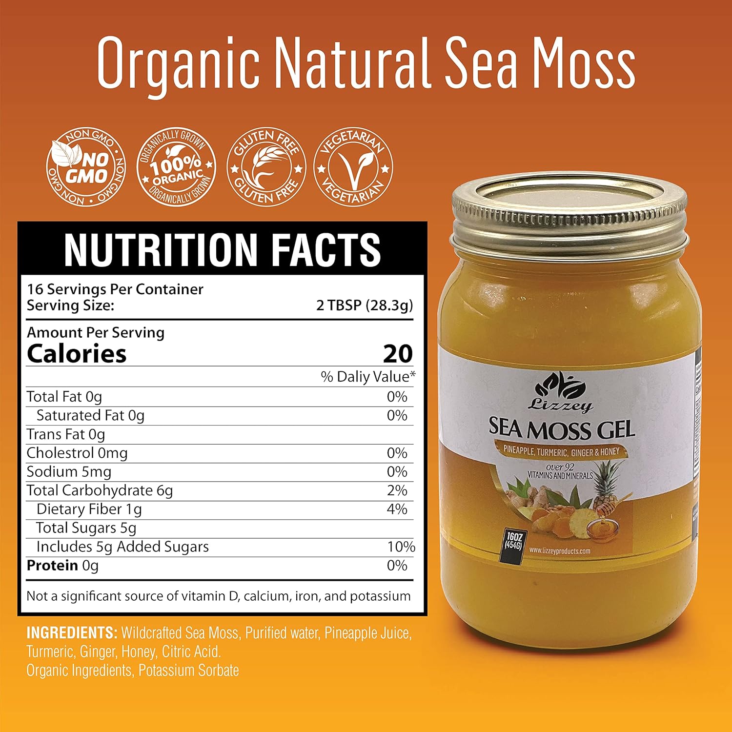 Organic Pineapple Sea Moss Gel with Turmeric & Ginger for Immune Health & Digestion, All Natural Superfood Supplement for Men & Women