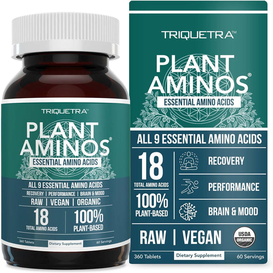 Organic Plant Aminos: Essential & Branched-Chain Amino Acids (EAAs & BCAAs) - 100% Vegan, Raw, All 9 Amino Acids - 360 Tablets