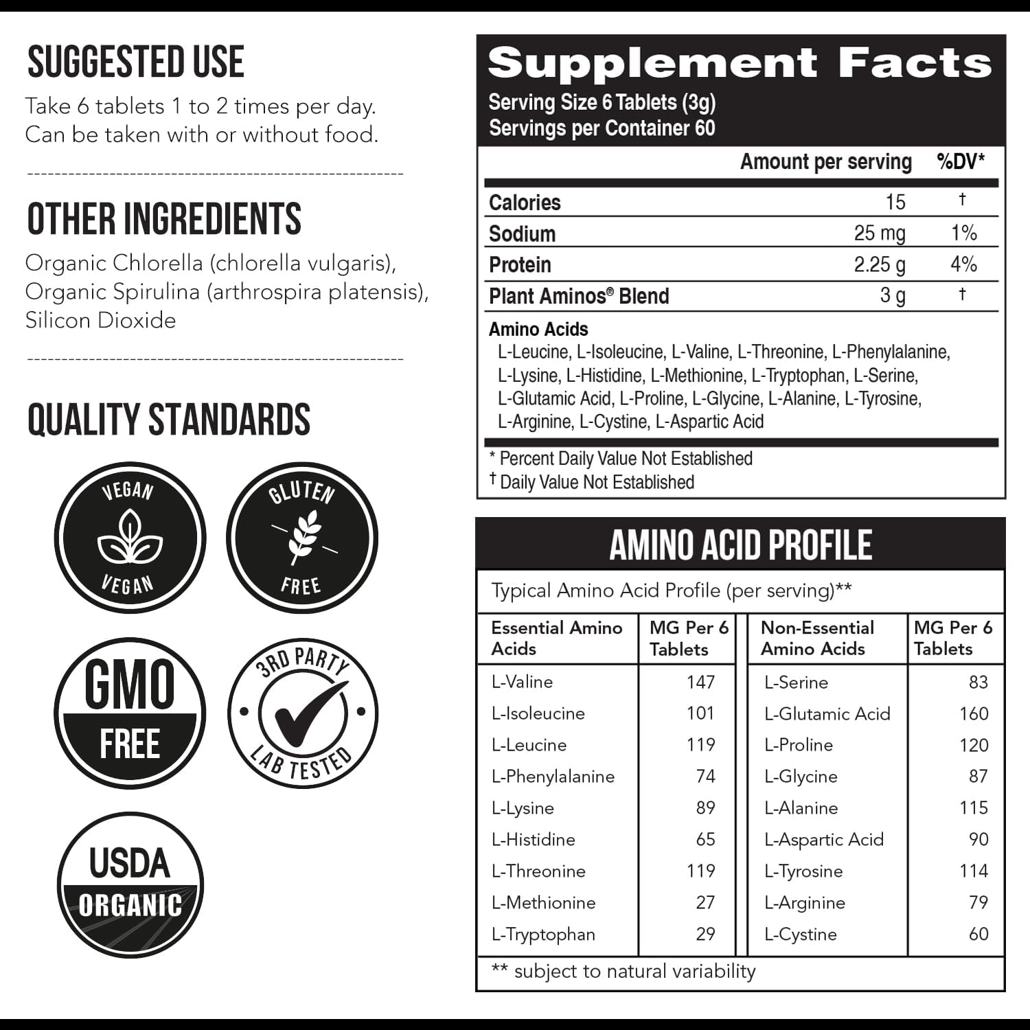 Organic Plant Aminos: Essential & Branched-Chain Amino Acids (EAAs & BCAAs) - 100% Vegan, Raw, All 9 Amino Acids - 360 Tablets
