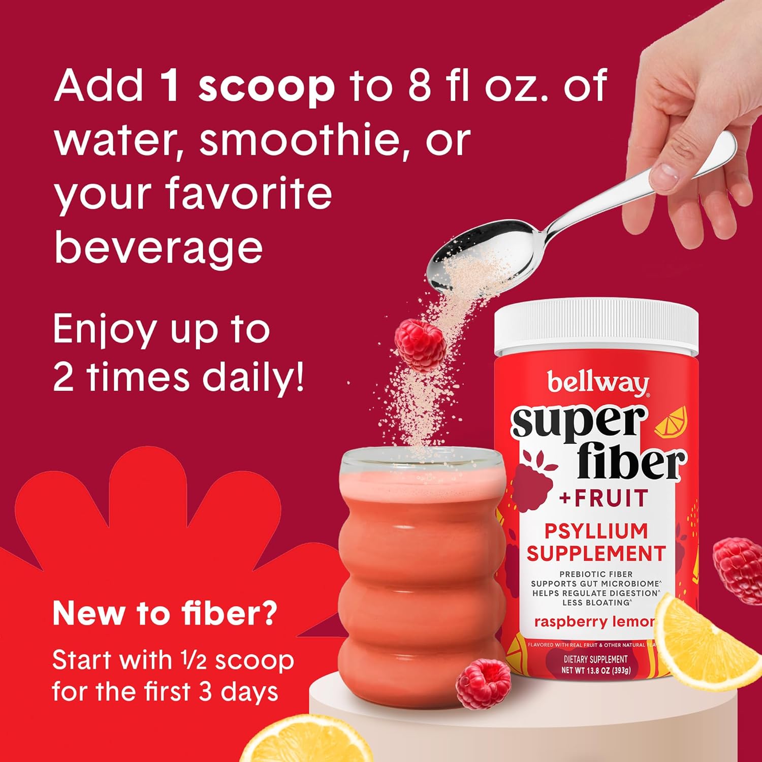 Organic Plant-Based Bellway Super Fiber Powder with Psyllium Husk for Gut Health - Raspberry Lemon Flavor, Sugar-Free, Non-GMO (50 Servings)