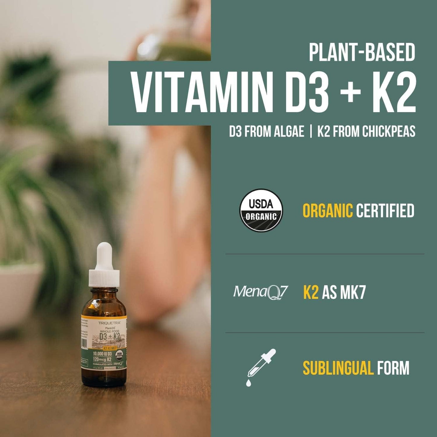 Organic Plant-Based D3 + K2 Drops for Immunity, Bones, Mood & Brain - 10,000 iu D3 & 120 mcg K2 - Vegan & All-Trans MK7 Formula