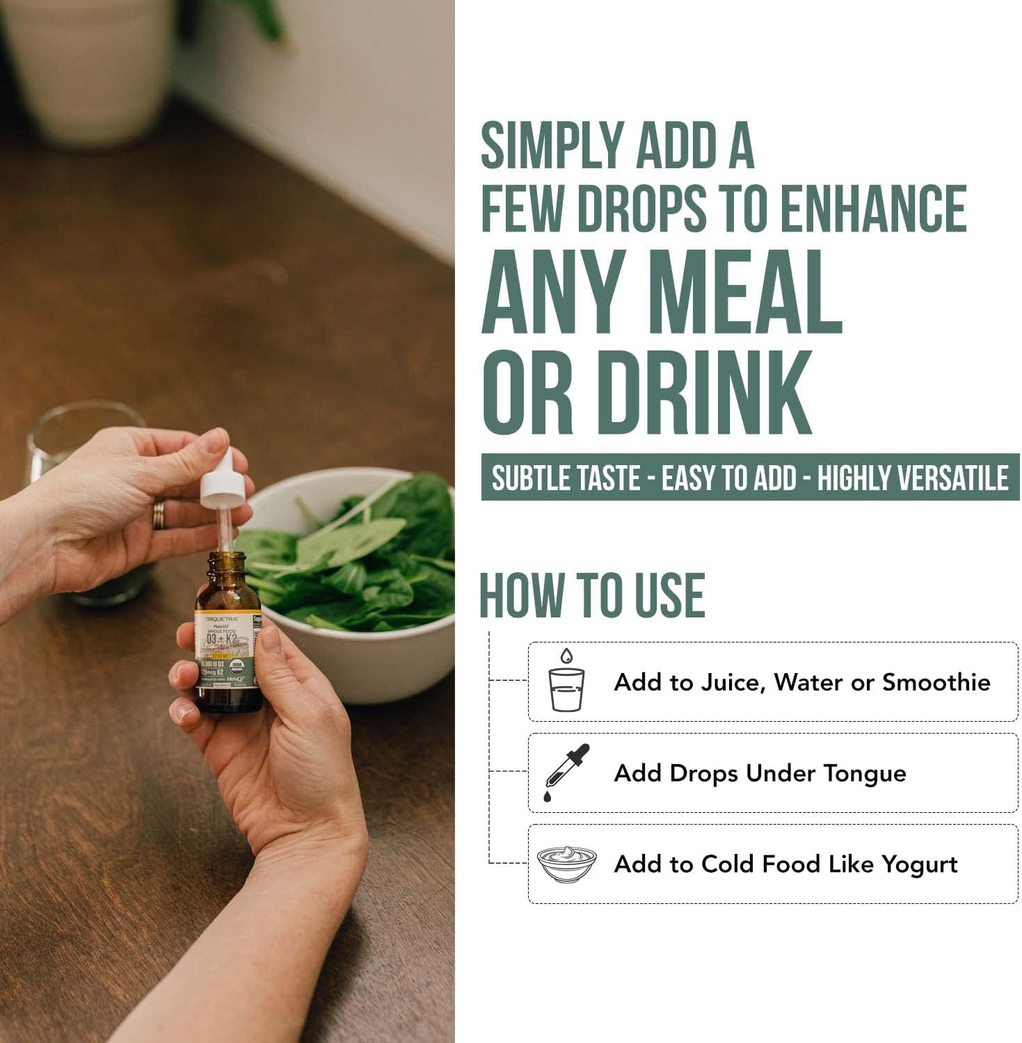 Organic Plant-Based D3 + K2 Drops for Immunity, Bones, Mood & Brain - 10,000 iu D3 & 120 mcg K2 - Vegan & All-Trans MK7 Formula