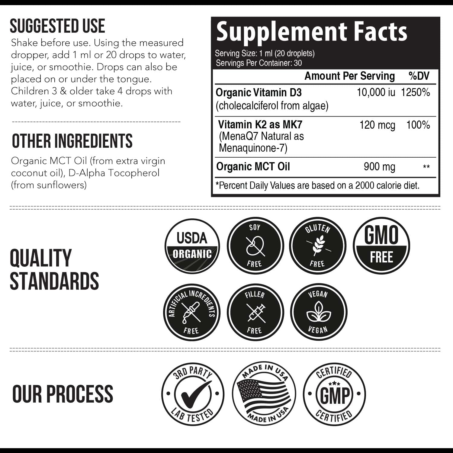 Organic Plant-Based D3 + K2 Drops for Immunity, Bones, Mood & Brain - 10,000 iu D3 & 120 mcg K2 - Vegan & All-Trans MK7 Formula