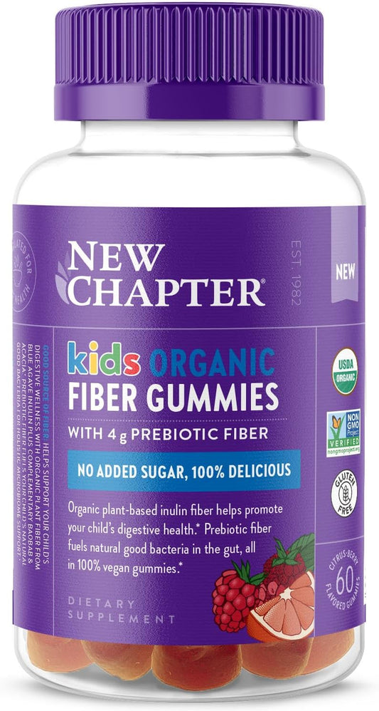 Organic Plant-Based Fiber Gummies for Kids, 4g Prebiotic Fiber, Vegan, Non-GMO, USDA Organic, Gluten-Free, Citrus-Berry Flavor, 60 ct