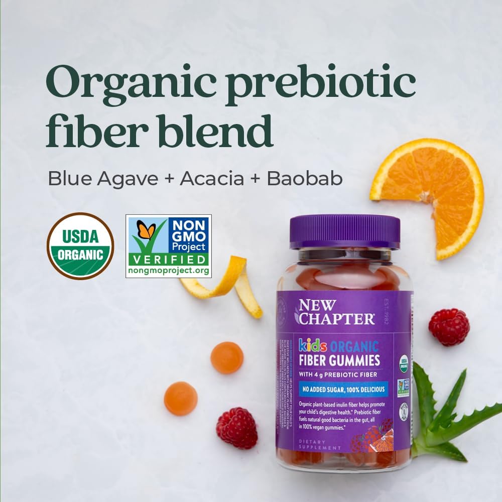 Organic Plant-Based Fiber Gummies for Kids, 4g Prebiotic Fiber, Vegan, Non-GMO, USDA Organic, Gluten-Free, Citrus-Berry Flavor, 60 ct