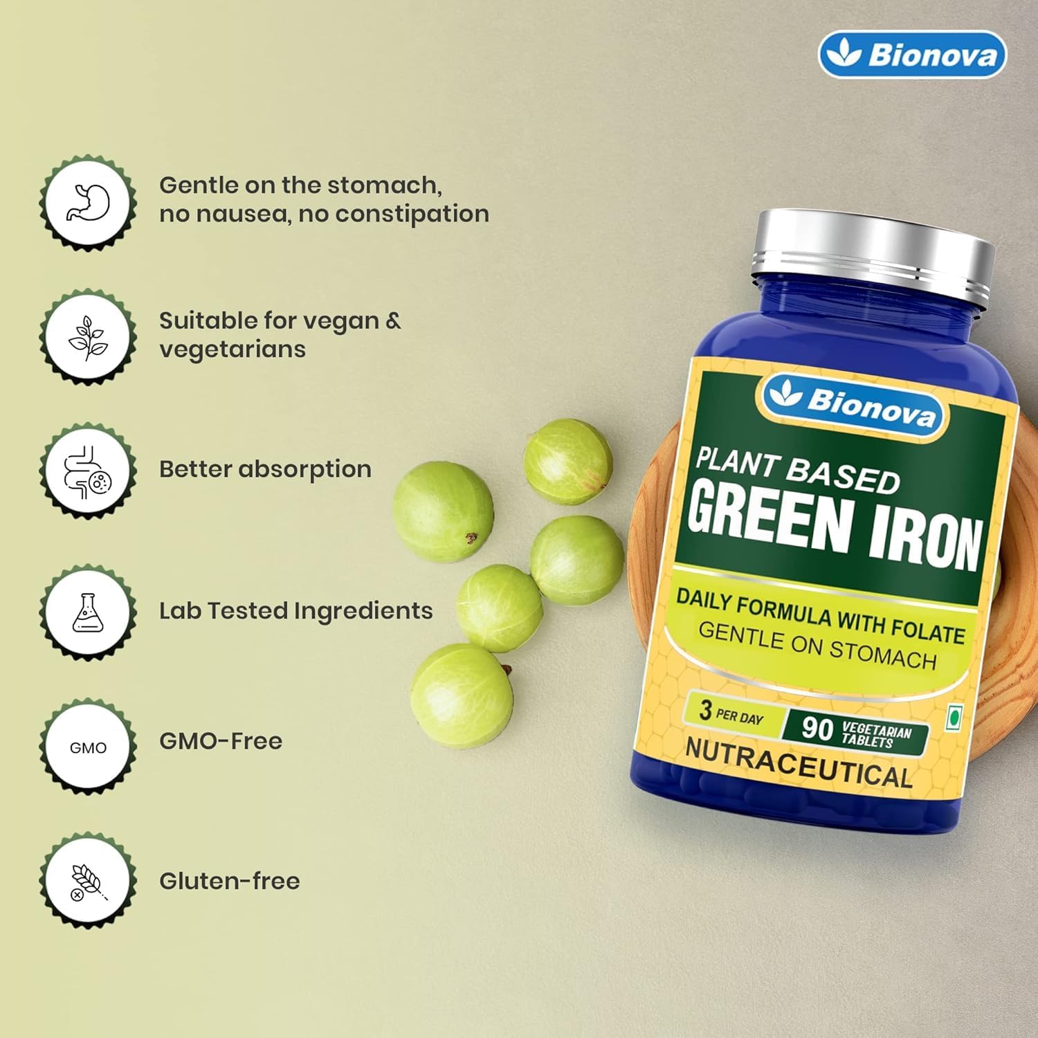 Organic Plant-Based Green Iron Supplement for Enhanced Red Blood Cell Production and Immunity - 90 Tablets