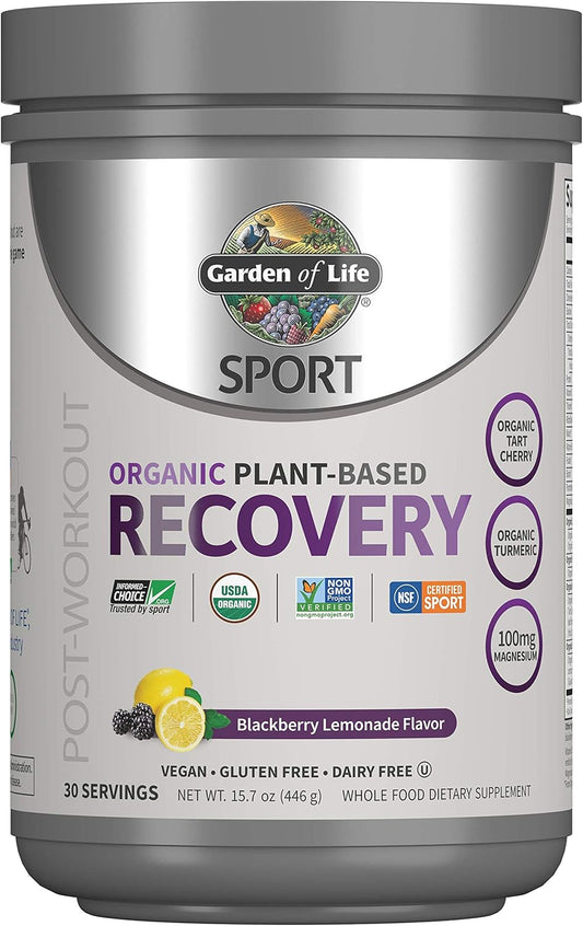 Organic Plant Based Post Workout Muscle Recovery Powder - BlackBerry Lemonade, 30 Servings, 100mg Magnesium, Antioxidants, 15.7 Oz - Garden of Life Sport Vegan for Men & Women