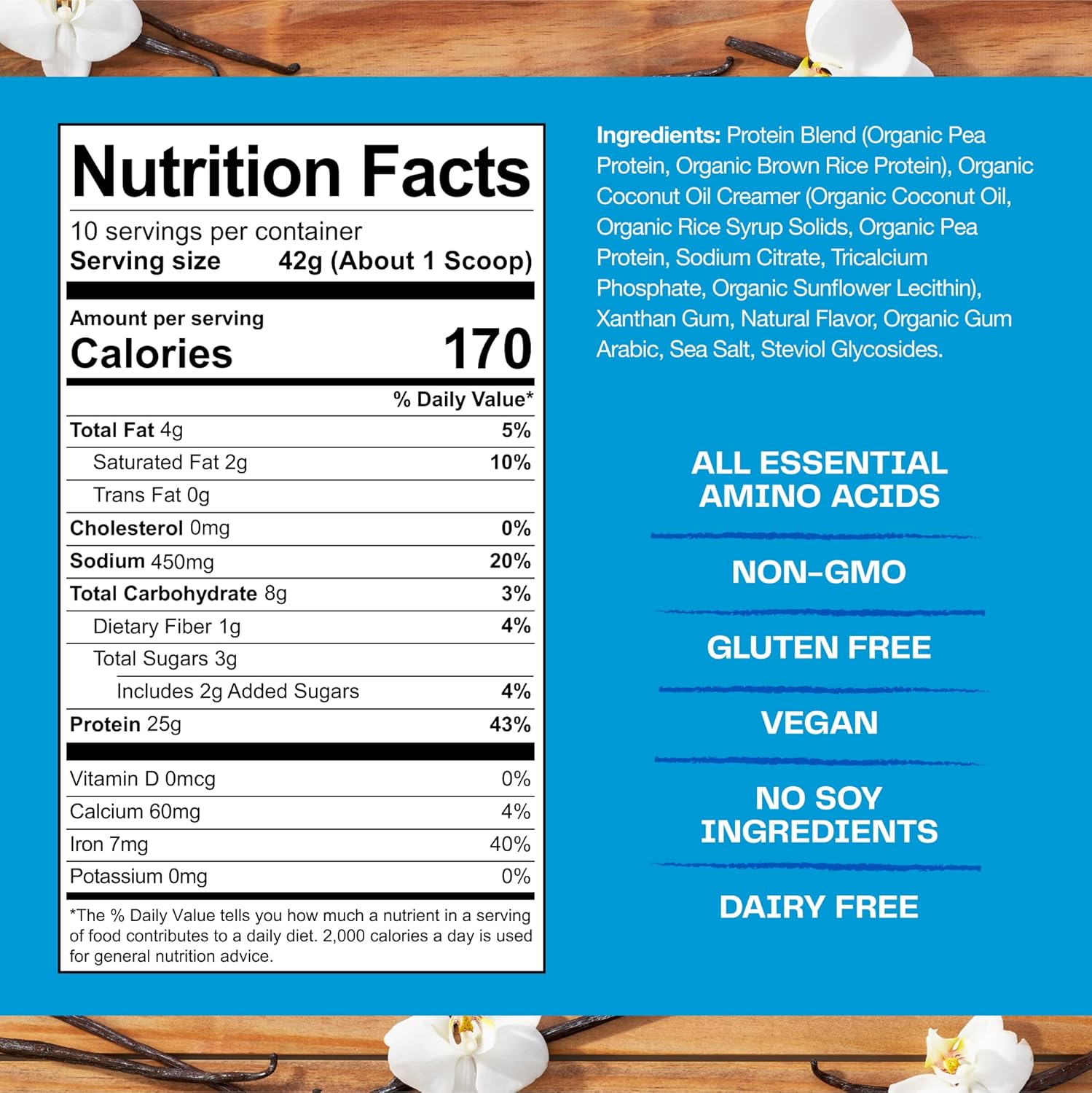 Organic Plant-Based Protein Powder - Creamy Vanilla Flavor, 25g Protein, Dairy, Gluten, Soy Free - 10 Servings