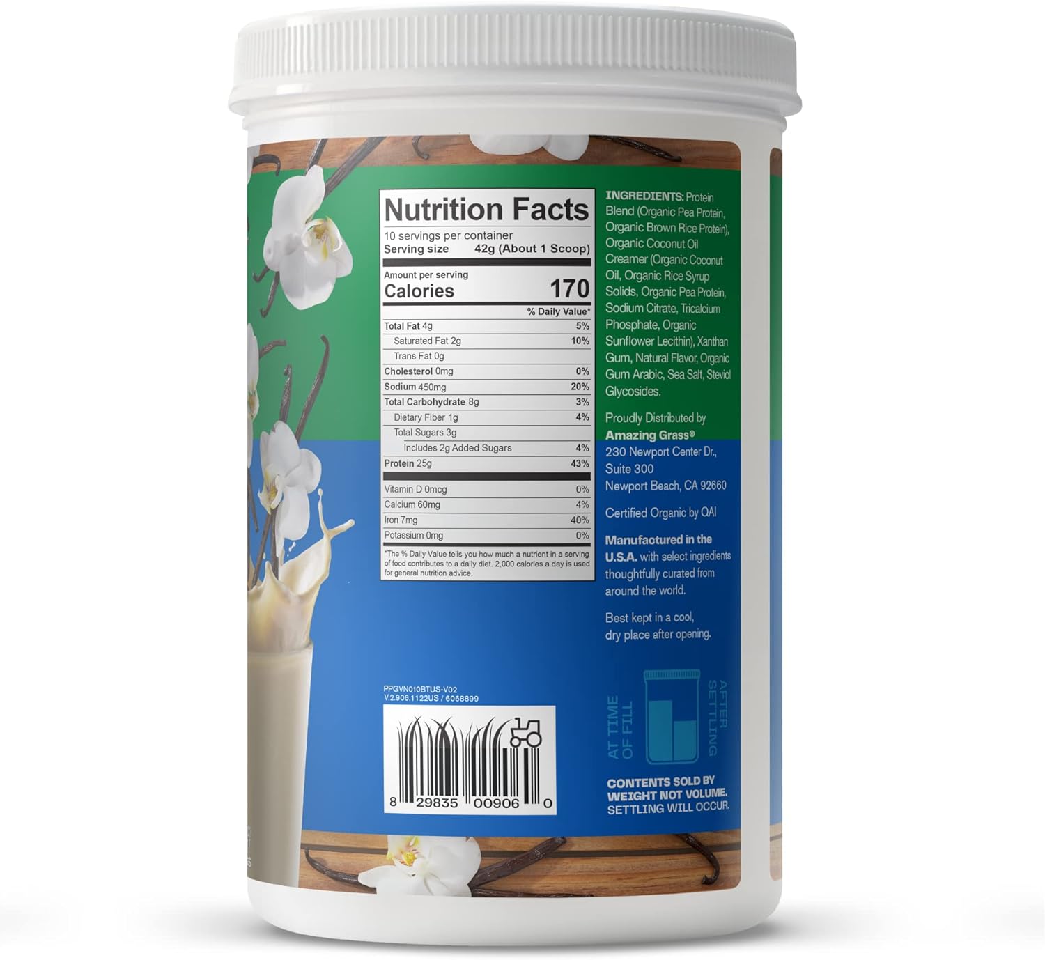 Organic Plant-Based Protein Powder - Creamy Vanilla Flavor, 25g Protein, Dairy, Gluten, Soy Free - 10 Servings