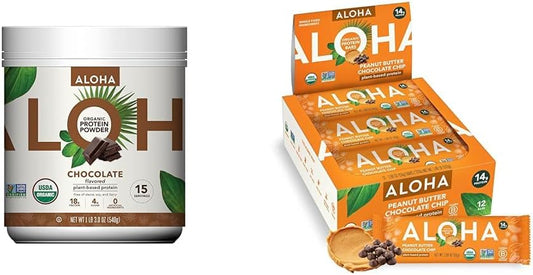 Organic Plant-Based Protein Powder & Bars Bundle - Chocolate Flavor, 19.6 oz Powder & 12 Peanut Butter Chocolate Chip Bars, Vegan-Friendly