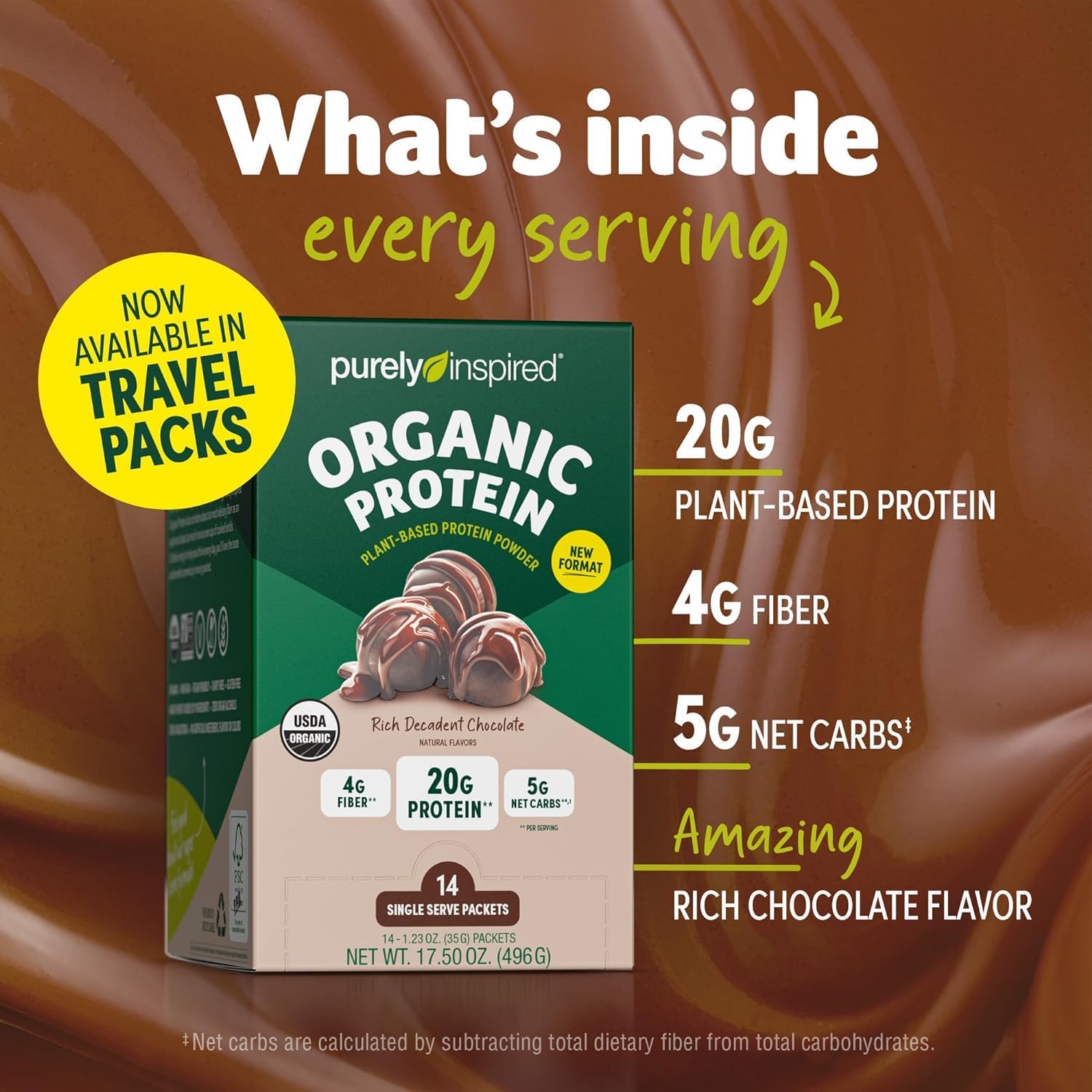 Organic Plant-Based Protein Powder Packets, Rich Chocolate Flavor - 20g Protein for Smoothies & Shakes - Dairy-Free, Non-GMO - 14 Servings - Men & Women