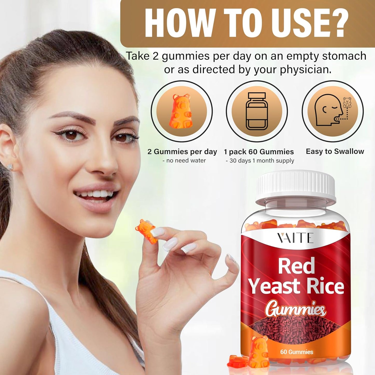 Organic Plant-Based VAITE Red Yeast Rice CoQ10 Gummies - Energy Support & Monacolin K, Non-GMO, 60 Vegetarian Gummy