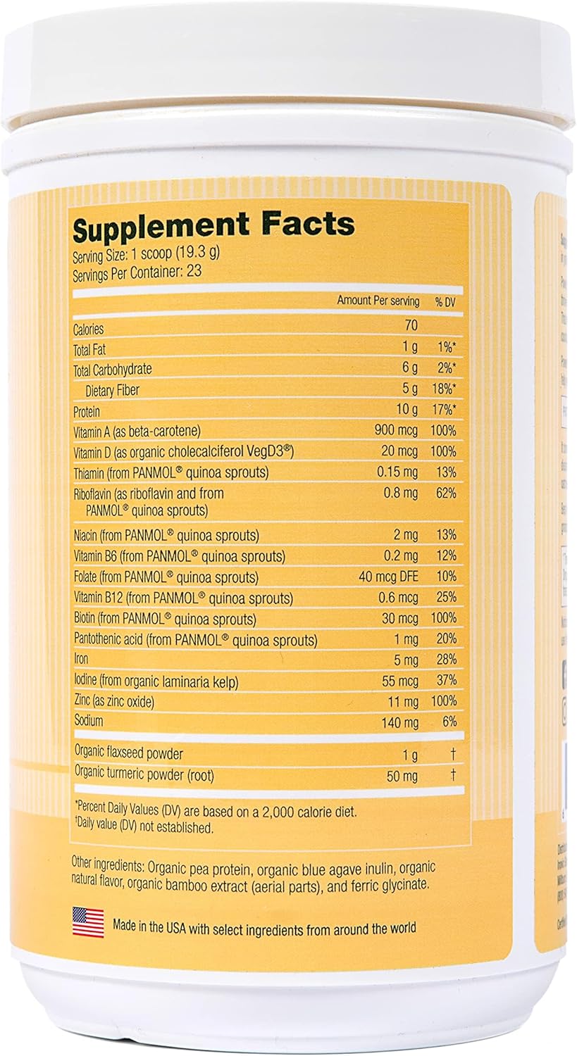 Organic Plant-Based Vegan Protein with Vitamins, Fiber, and Omega 3 - Unflavored Kids Nutrition Supplement - Non-GMO Dairy and Gluten Free