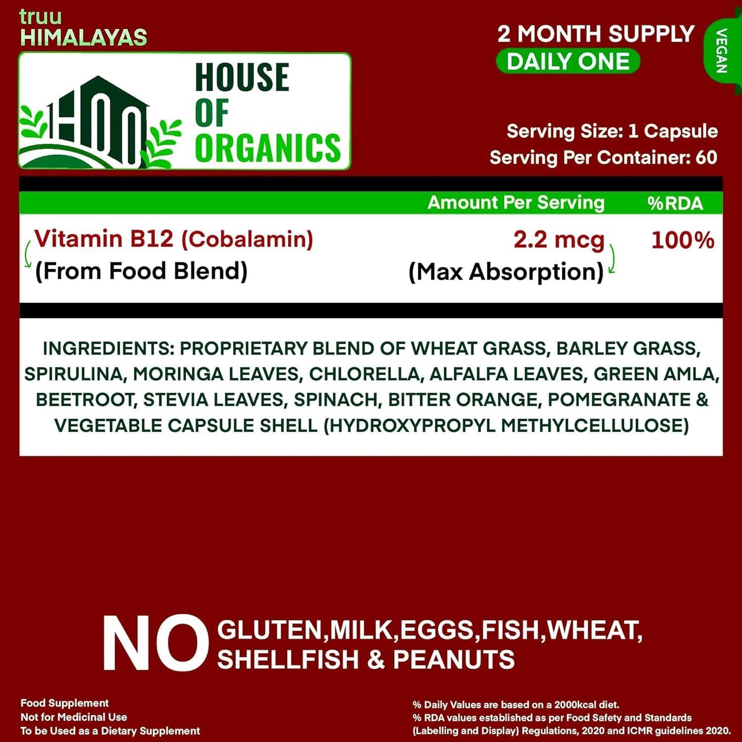 Organic Plant Based Vitamin B12 Supplement for Men & Women - 60 Vegan Capsules - Ayurvedic Rasayana B12 for Stress, Nerve & Brain Health