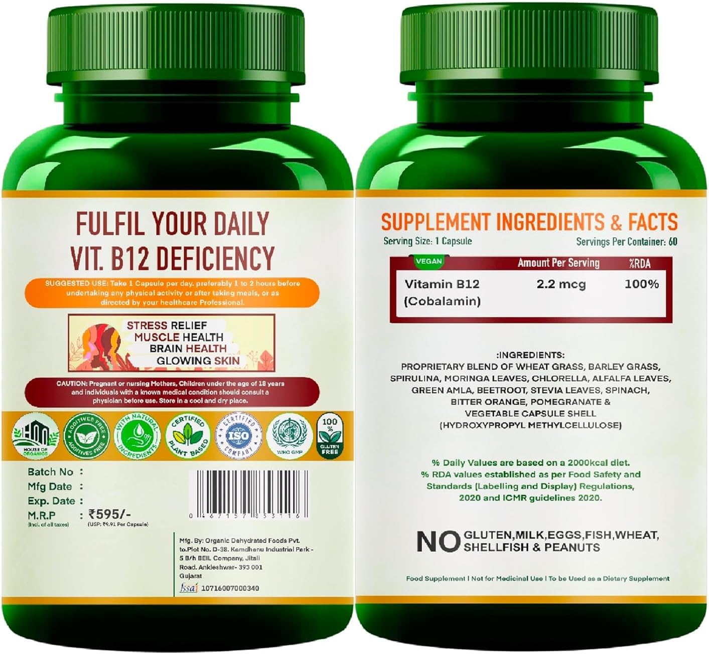 Organic Plant Based Vitamin B12 Supplement for Men & Women - 60 Vegan Capsules - Ayurvedic Rasayana B12 for Stress, Nerve & Brain Health