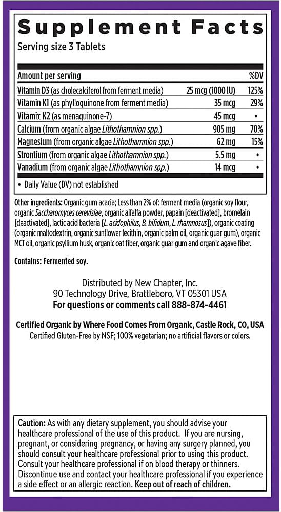 Organic Plant Calcium Supplement with Vitamin K2, D3, and Magnesium - Vegetarian, Gluten Free - 120 Count