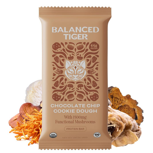 Organic Plant Protein Bars with Functional Mushrooms 1500mg Lions Mane, Chaga, Reishi & Cordyceps | Vegan Superfood Bars Made in USA | Chocolate Chip Cookie Dough Flavor