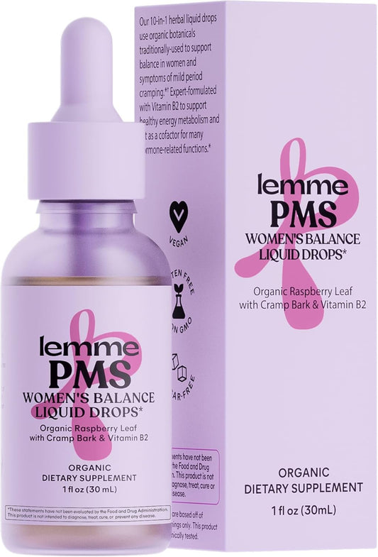 Organic PMS Hormone Balance Liquid Drops for Women - Herbal Blend for Relief from PMS & Mild Period Cramping - Raspberry Leaf, Dong Quai, Cramp Bark, Reishi & B2 - Sugar-Free - 1 fl oz