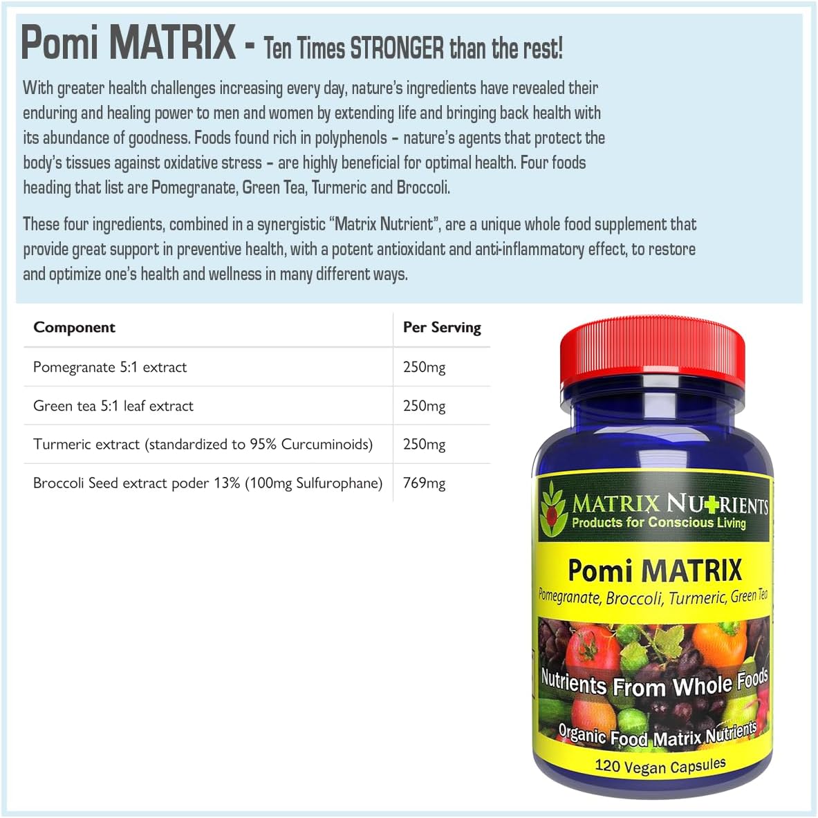 Organic POMI Matrix Nutrients - Potent Prostate Support with Pomegranate, Green Tea, Turmeric, and Broccoli - Vegan Capsules (120ct)