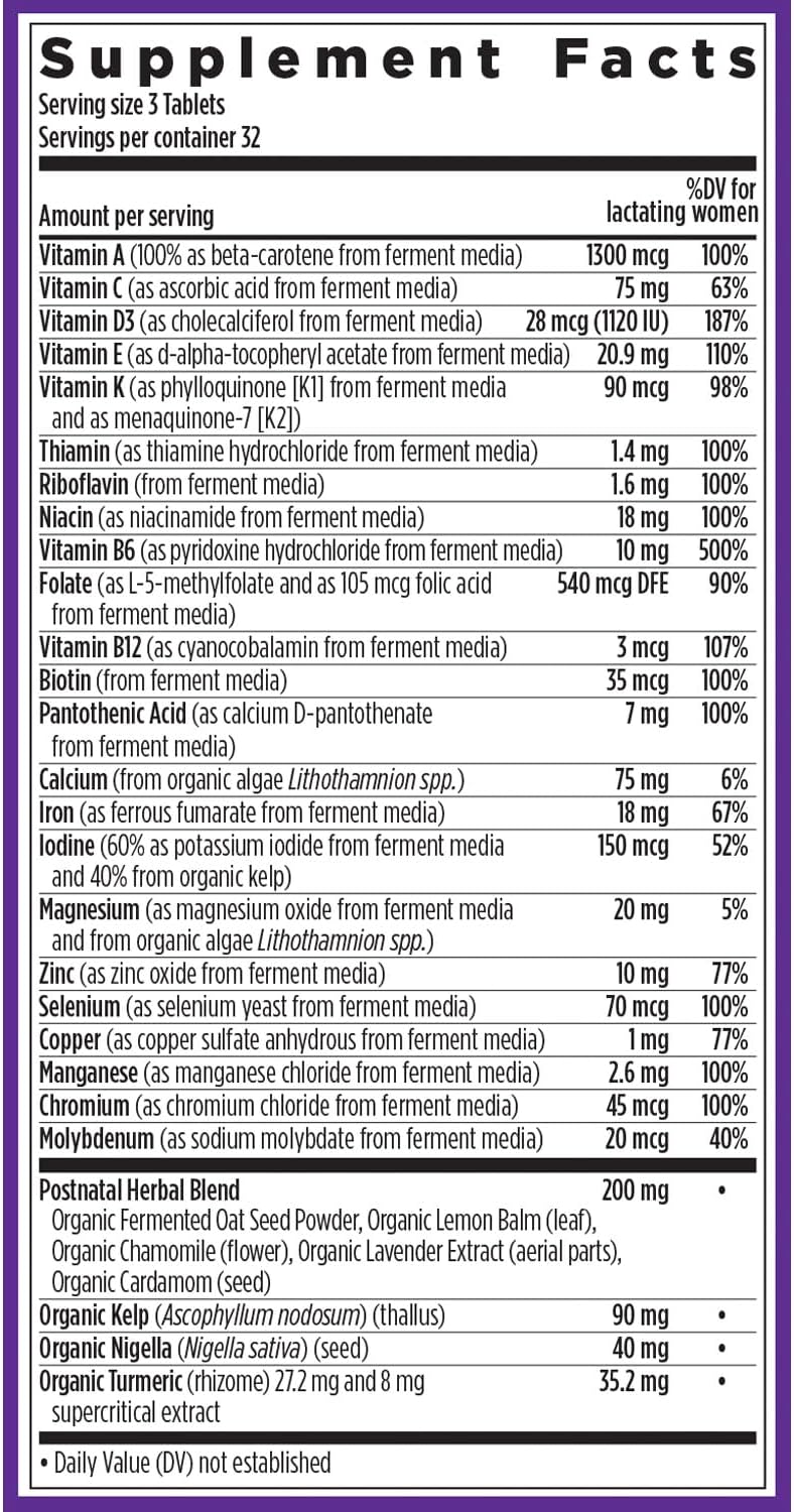 Organic Postnatal Lactation Supplement with Fermented Vitamin D3 & B Vitamins, 96 Count