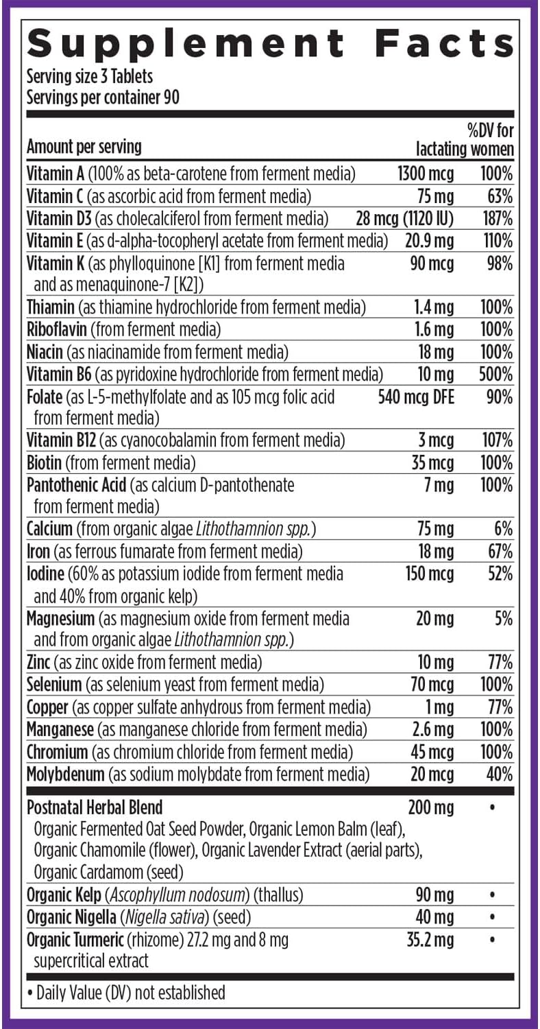 Organic Postnatal Lactation Supplement with Fermented Vitamin D3 & B Vitamins - 270 Count