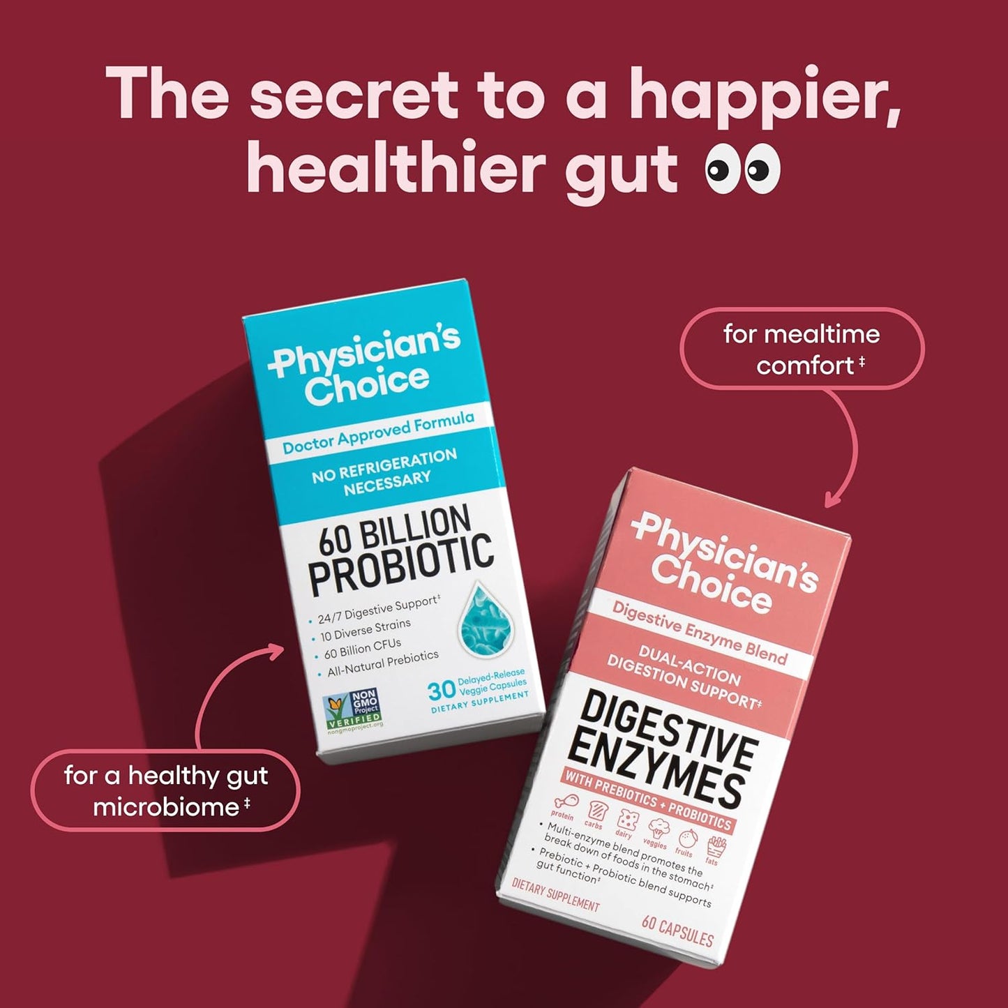 Organic Prebiotic & Probiotic Digestive Enzymes for Gut Health - Meal Time Relief - Physician's Choice - 60 CT