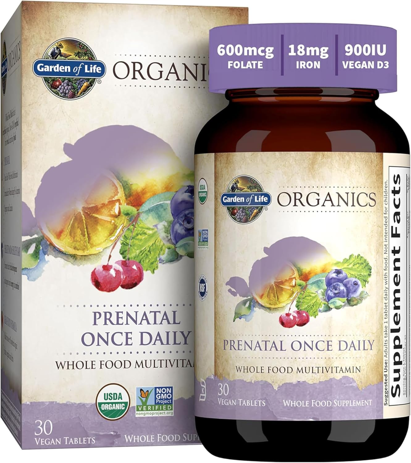 Organic Prenatal Vitamins with Folate for Energy & Fetal Development - Non-Constipating Iron, Vitamin C, B6, B12, D3 - Gluten-Free, Vegan - 30 Day Supply