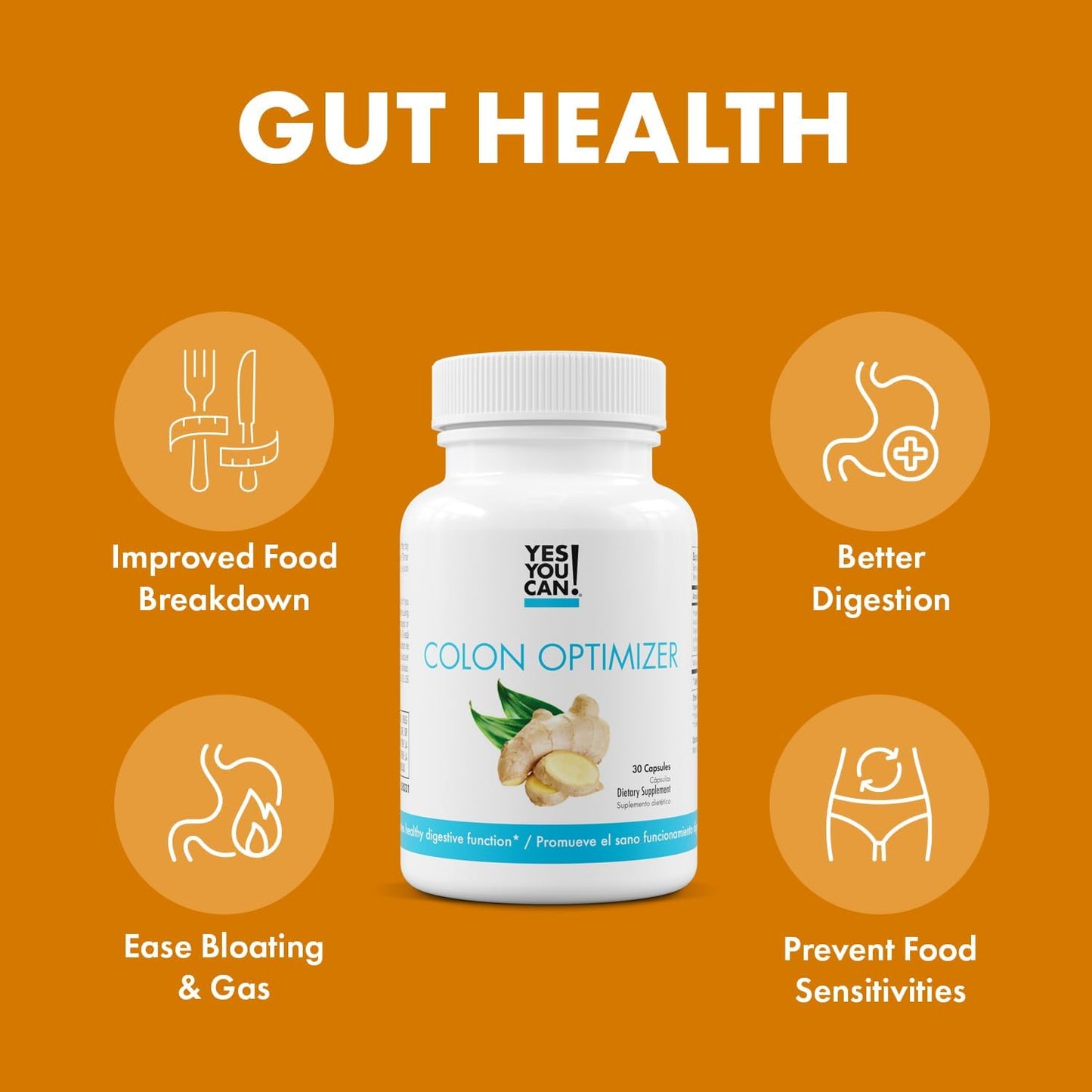 Organic Probiotic Colon Optimizer Supplement with Ginger and Peppermint - Gut Health for Men and Women, Digestive Health Support - 60 Capsules