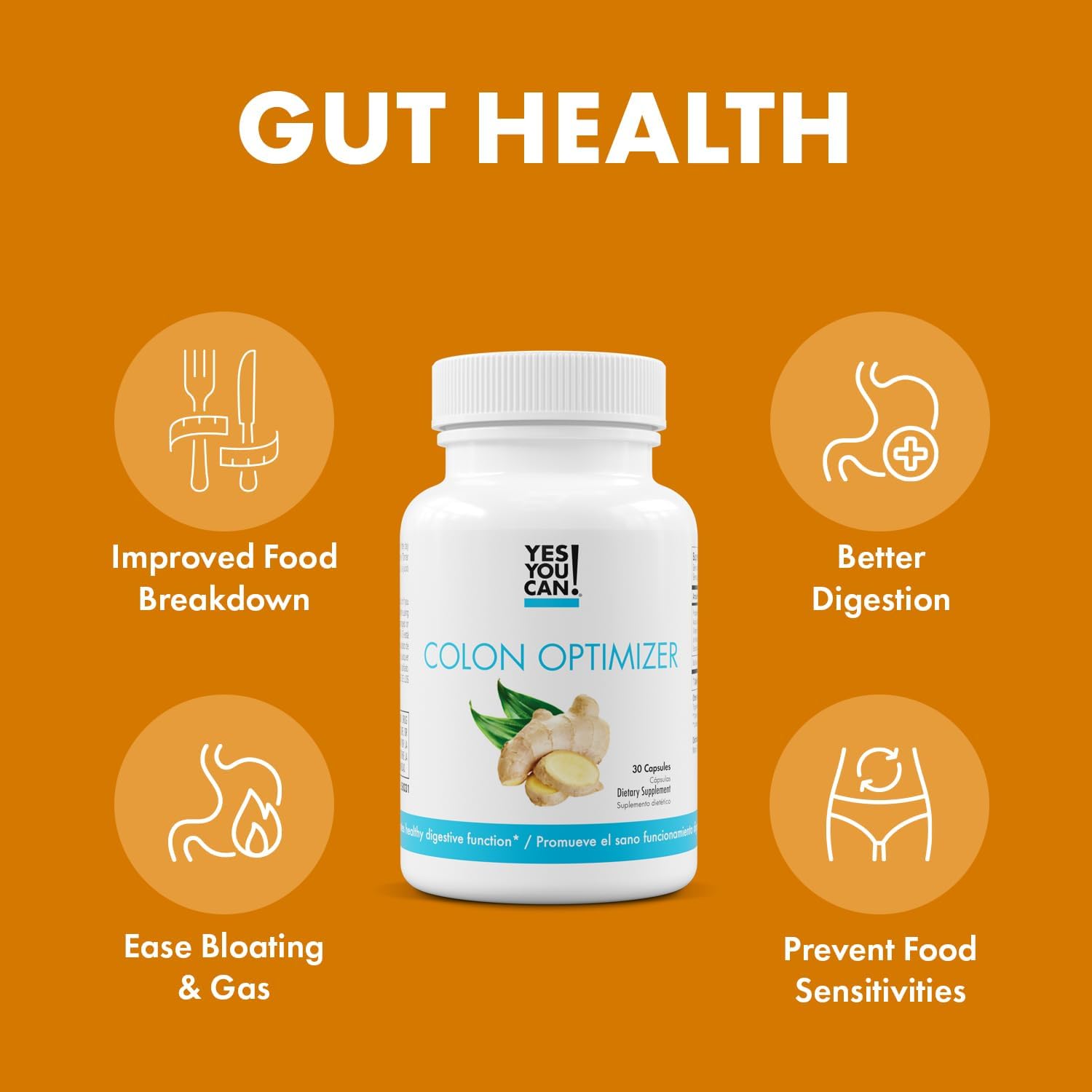 Organic Probiotic Colon Optimizer Supplement with Ginger and Peppermint - Gut Health for Men and Women, Digestive Health Support - 60 Capsules