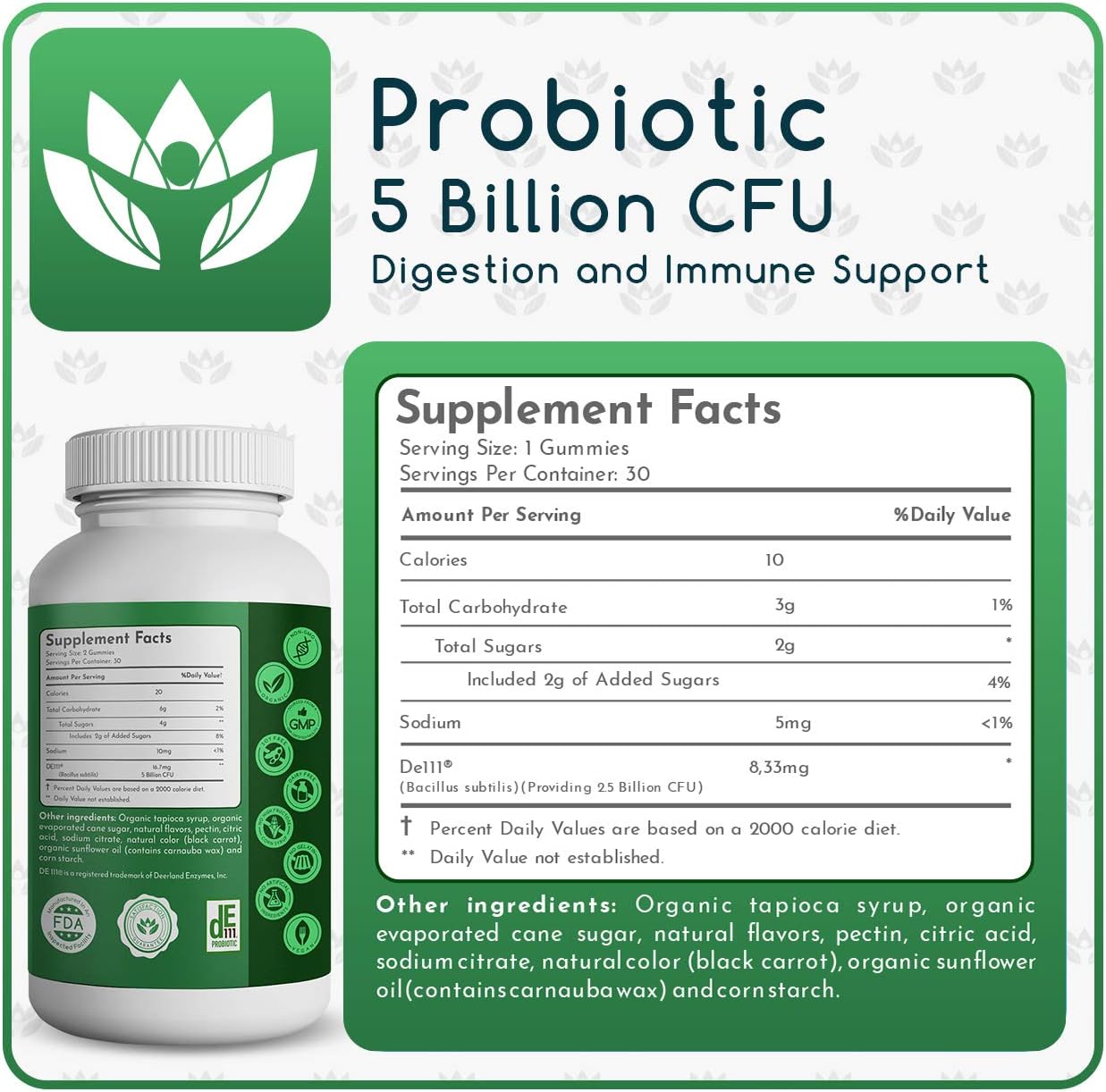 Organic Probiotic Gummies for Digestive Health, 5 Billion CFU, 60 Count, Vegan, Immune Support, Women & Kids, Strawberry Flavor