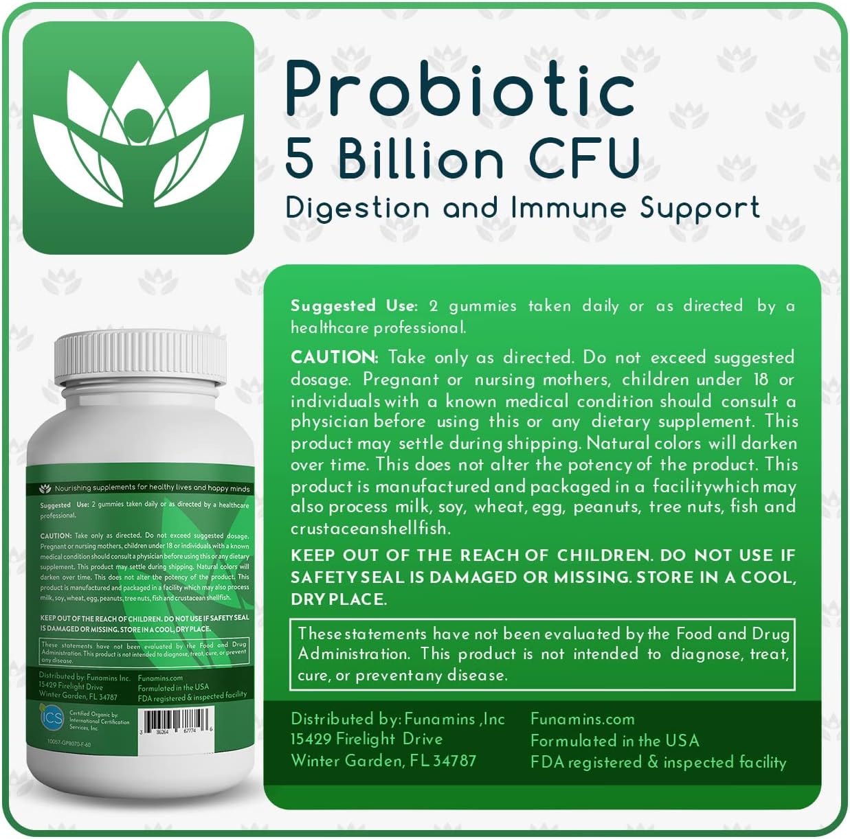 Organic Probiotic Gummies for Digestive Health, 5 Billion CFU, 60 Count, Vegan, Immune Support, Women & Kids, Strawberry Flavor