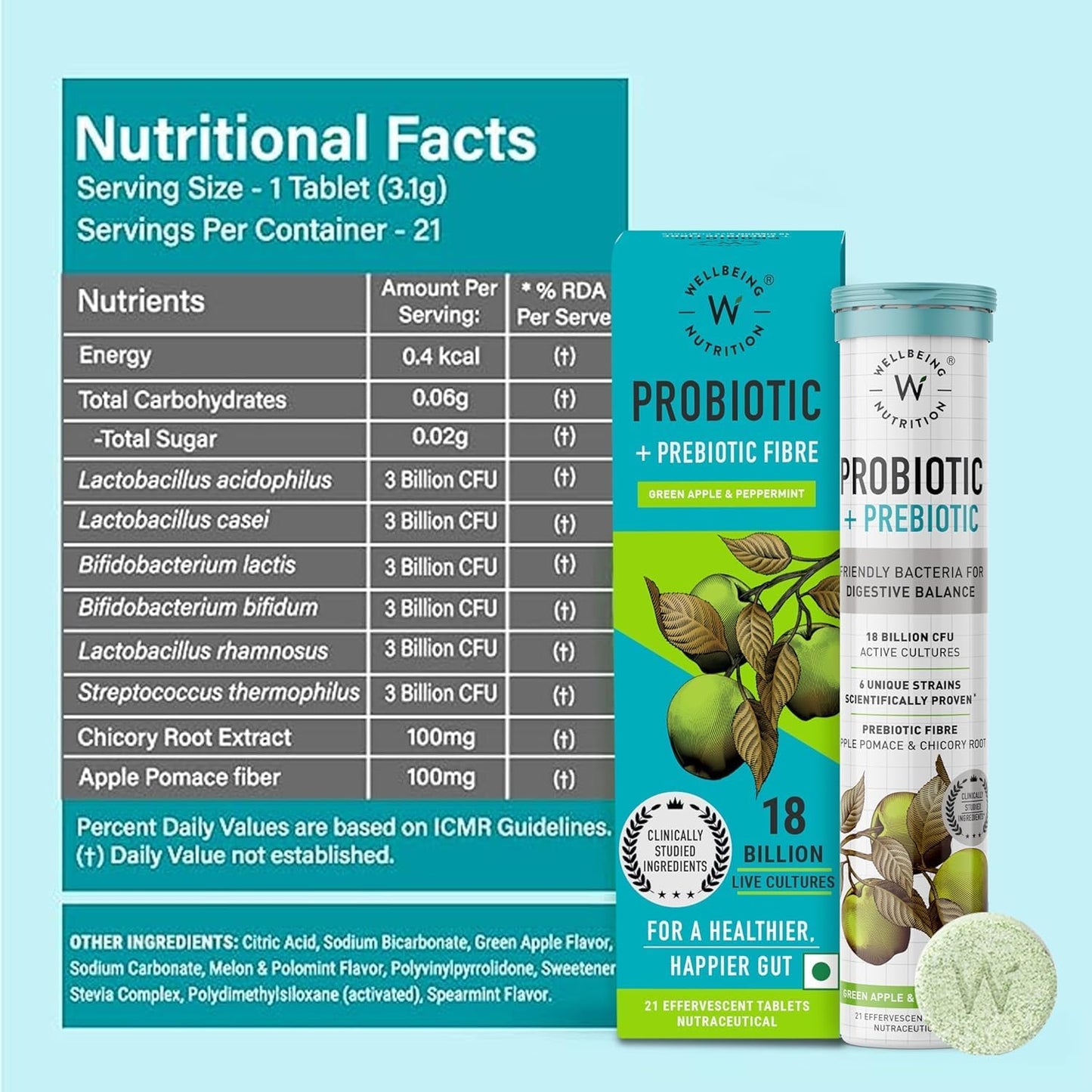 Organic Probiotics with Prebiotics for Gut Health | Boost Metabolism & Aid Digestion | 18 Billion CFU Supplement (21 Effervescent Tabs)